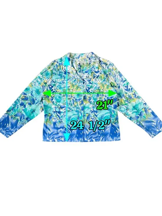 Coldwater Creek Blue Teal Floral Watercolor Line Art Jacket Artsy Art to Wear - Picture 3 of 8